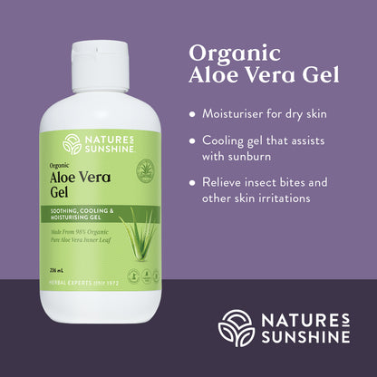 Graphic showing how Nature's Sunshine Organic Aloe Vera Gel moisturises dry skin, assists with sunburn, relieves insect bites and other skin irritations.