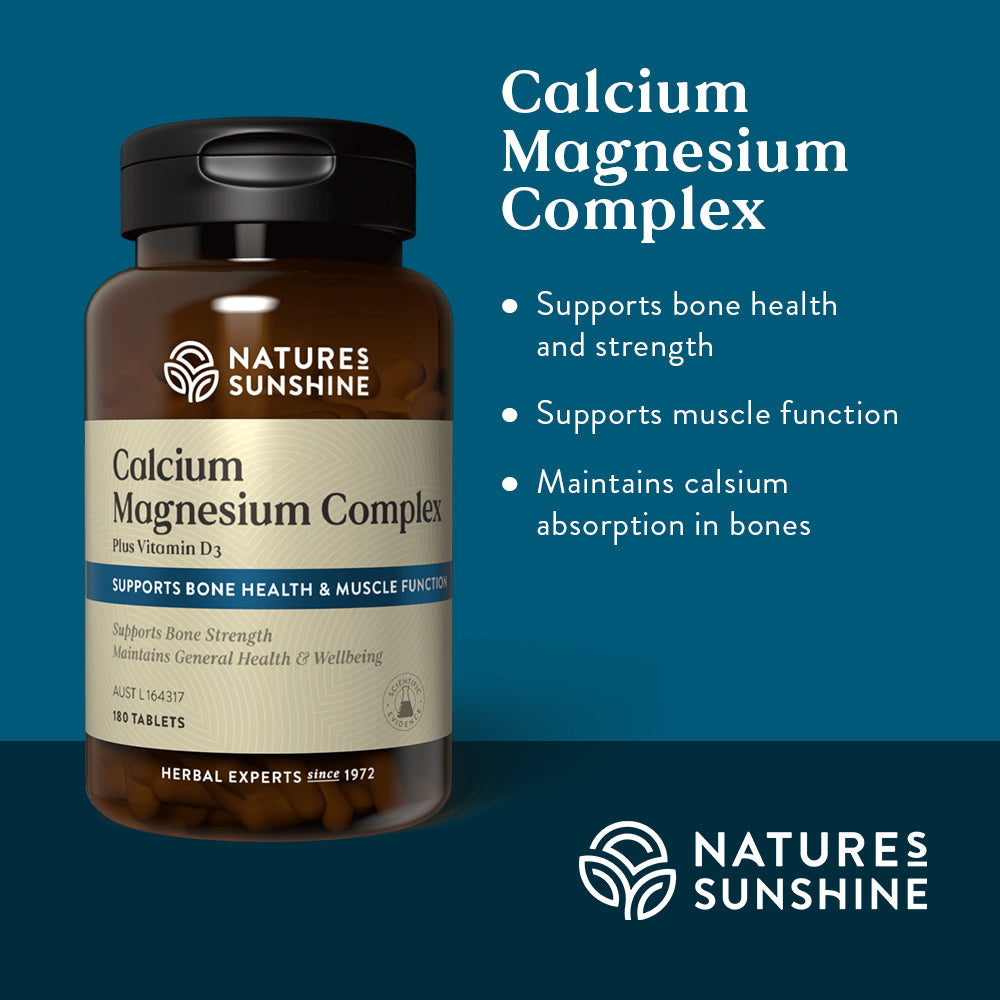 Graphic showing how Nature's Sunshine Calcium Magnesium Complex supports bone health, muscle function and maintains calcium absorption in bones.