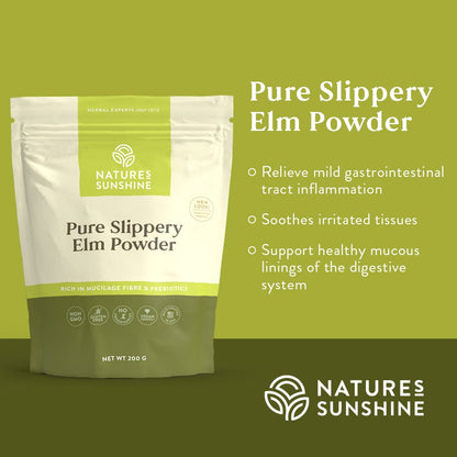 Graphic showing how Nature's Sunshine slippery elm helps relieve mild gastrointestinal tract inflammation and soothes irritated tissues.