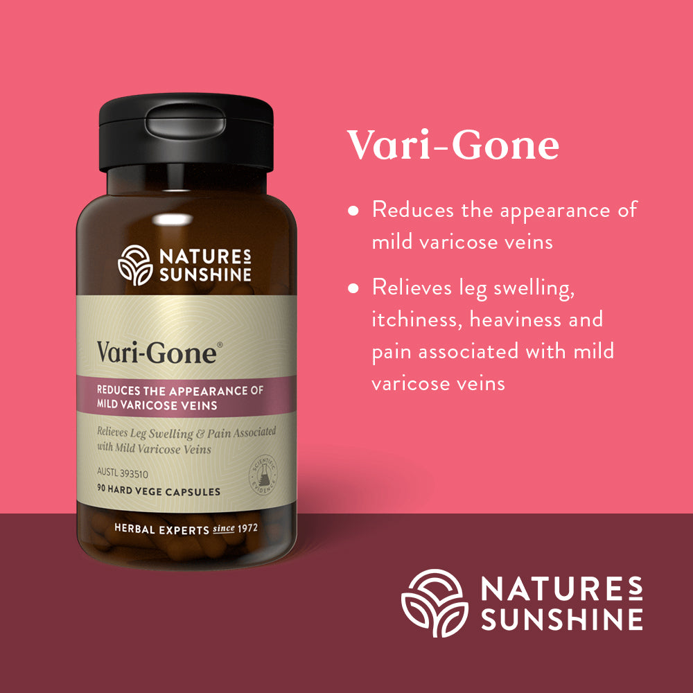 Graphic showing how Nature's Sunshine Vari-Gone reduces the appearance of mild varicose veins and relieves leg swelling, itchiness, heaviness and pain associated with mild varicose veins