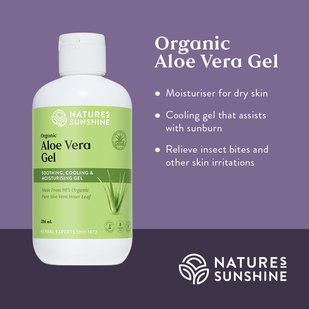 Graphic showing how Nature's Sunshine Organic Aloe Vera Gel moisturises dry skin, assists with sunburn, relieves insect bites and other skin irritations.