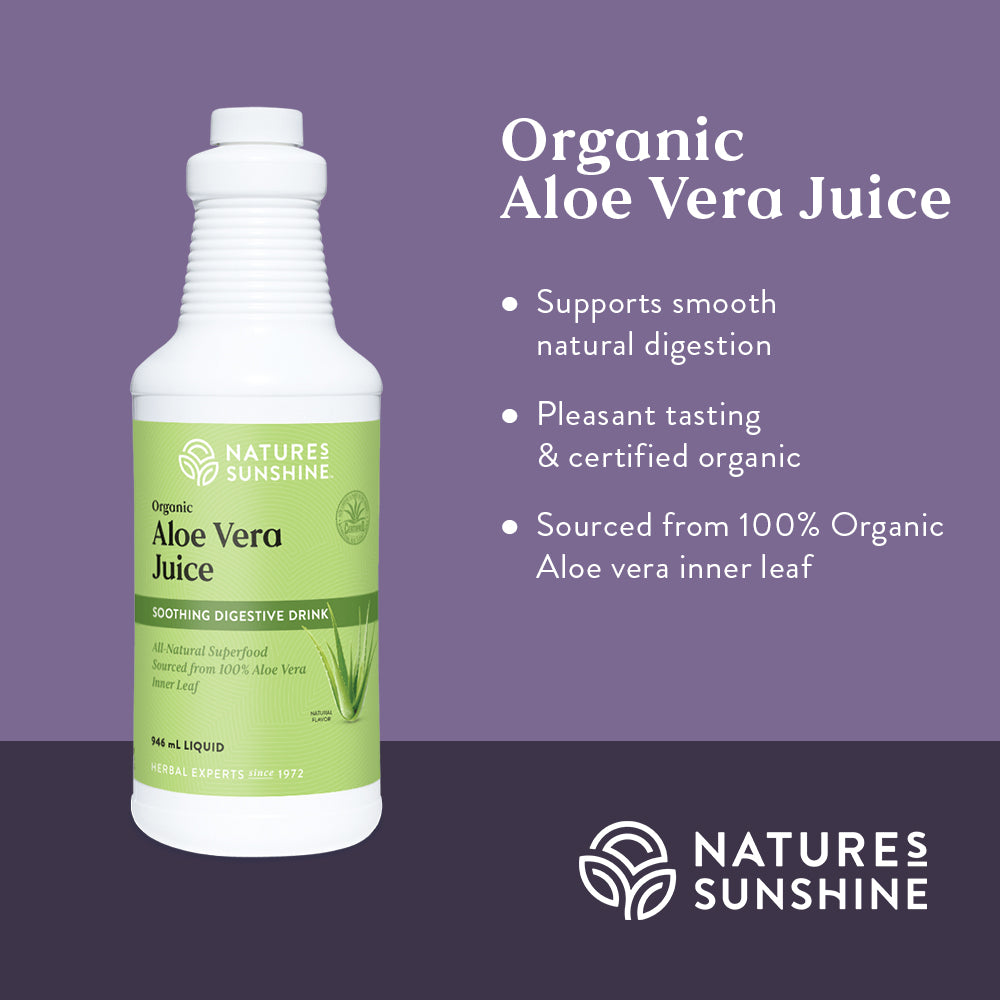 Graphic showing how Nature's Sunshine Organic Aloe Vera Juice supports smooth natural digestion.