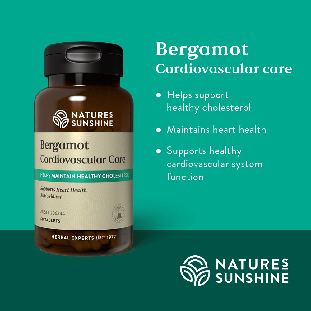 Graphic showing how Nature's Sunshine Bergamot is used to help support healthy cholesterol and cardiovascular system function. Maintains heart health.