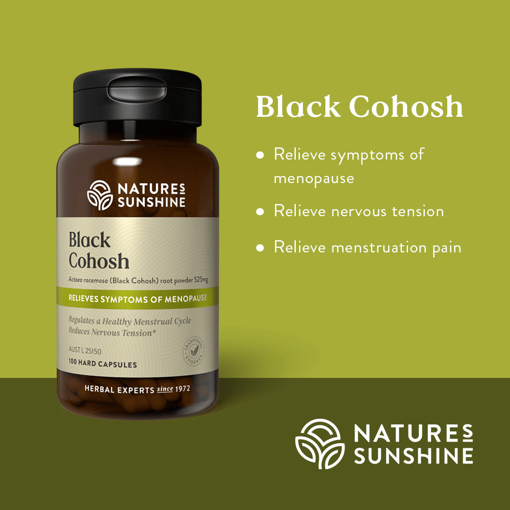Graphic showing how Nature's Sunshine Black Cohosh is traditionally used to relieve symptoms of menopause, menstruation pain and nervous tension.