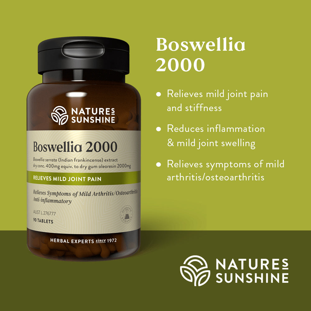 Graphic showing how Nature's Sunshine Boswellia is used to relieve mild joint pain and stiffness, reduce inflammation and mild joint swelling, and relieve symptoms of mild arthritis and osteoarthritis.