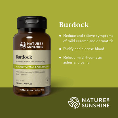 Graphic showing how Nature's Sunshine Burdock is traditionally used to reduce and relieve symptoms of mild eczema and dermatitis, purify and cleanse blood and relieve mild rheumatic aches and pains.