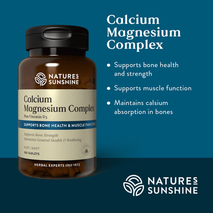Graphic showing how Nature's Sunshine Calcium Magnesium Complex supports bone health, muscle function and maintains calcium absorption in bones.