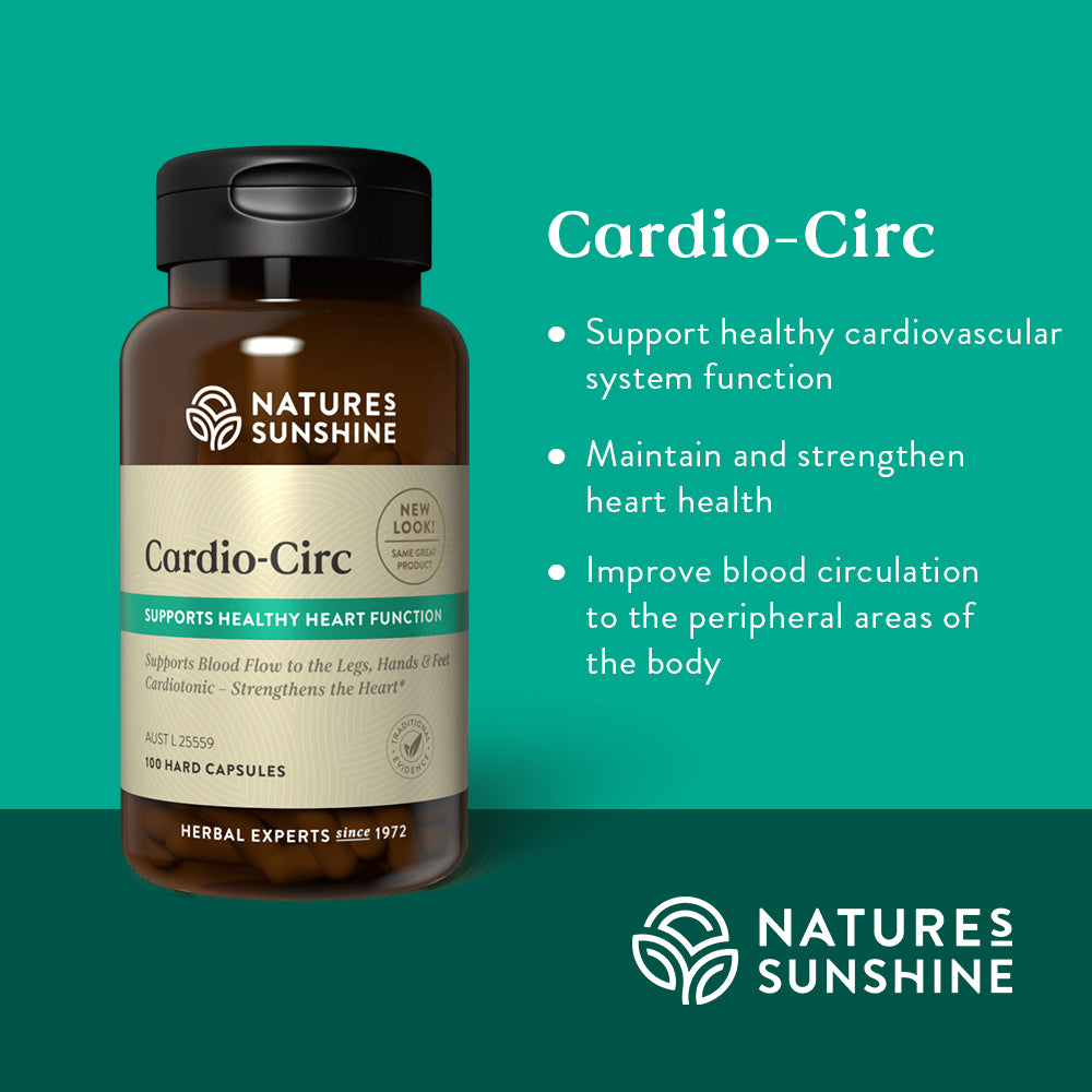 Graphic showing how Nature's Sunshine Cardio-Circ is traditionally used to support healthy cardiovascular system function, maintain and strengthen heart health and improve blood circulation to the peripheral areas of the body.