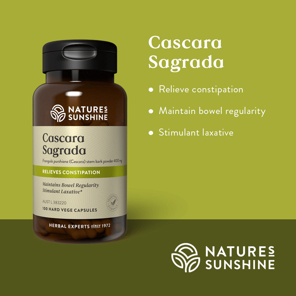 Graphic showing how Nature's Sunshine Cascara Sagrada is traditionally used to relieve constipation and maintain bowel regularity as a stimulant laxative.