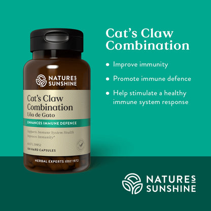 Graphic showing how Nature's Sunshine Cat's Claw Combination is traditionally used to improve immunity, promote immune defence and help stimulate a healthy immune system response.