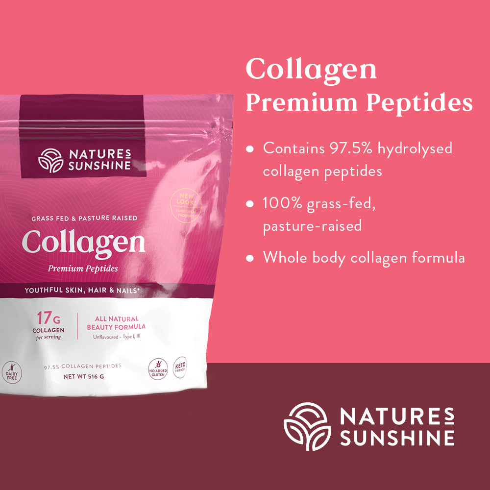 Graphic showing how Nature's Sunshine Collagen contains 97.5% hydrolysed collagen peptides, is 100% grass-fed, pasture raised and features a whole body collagen formula.