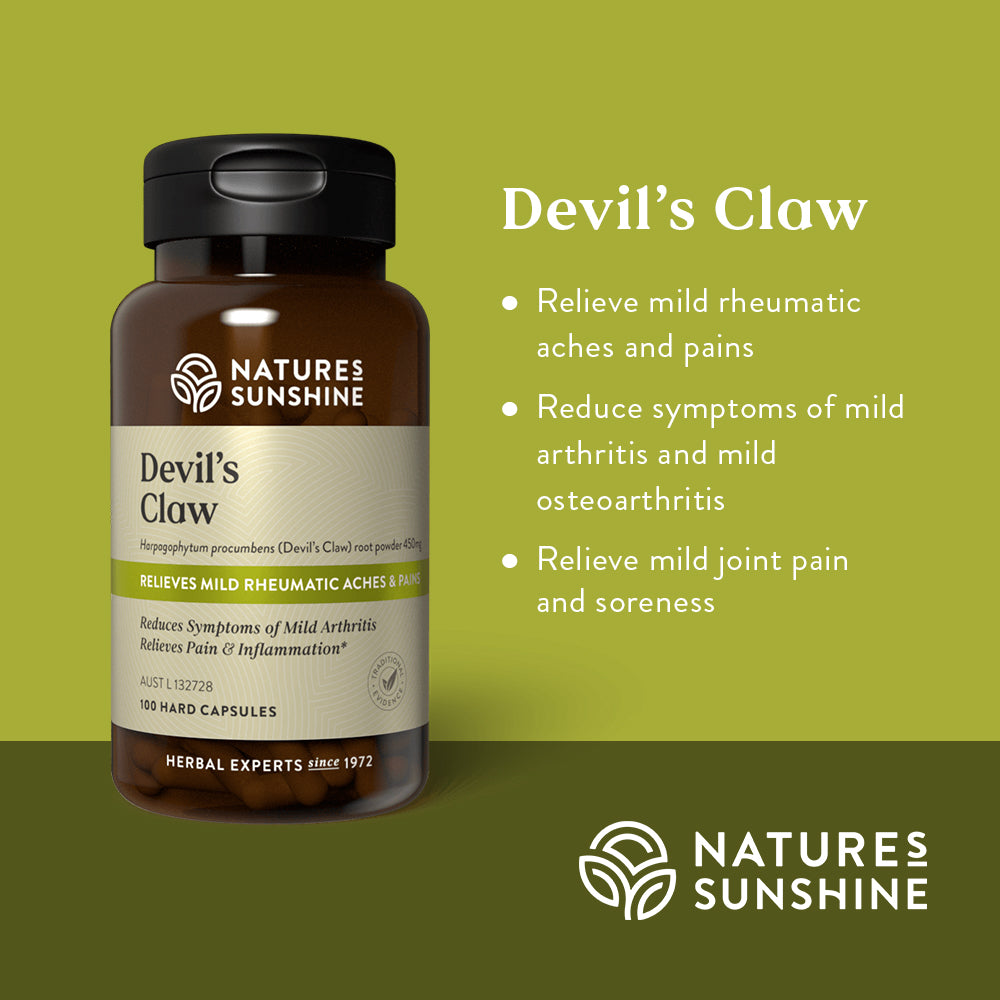 Graphic showing how Nature's Sunshine Devil's Claw is traditionally used to relieve mild rheumatic aches and pains, reduce symptoms of mild arthritis and mild osteoarthritis.