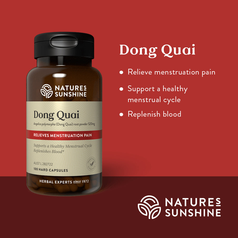 Graphic showing how Nature's Sunshine Dong Quai is traditionally used to relieve menstruation pain, support a healthy menstrual cycle and replenish blood.