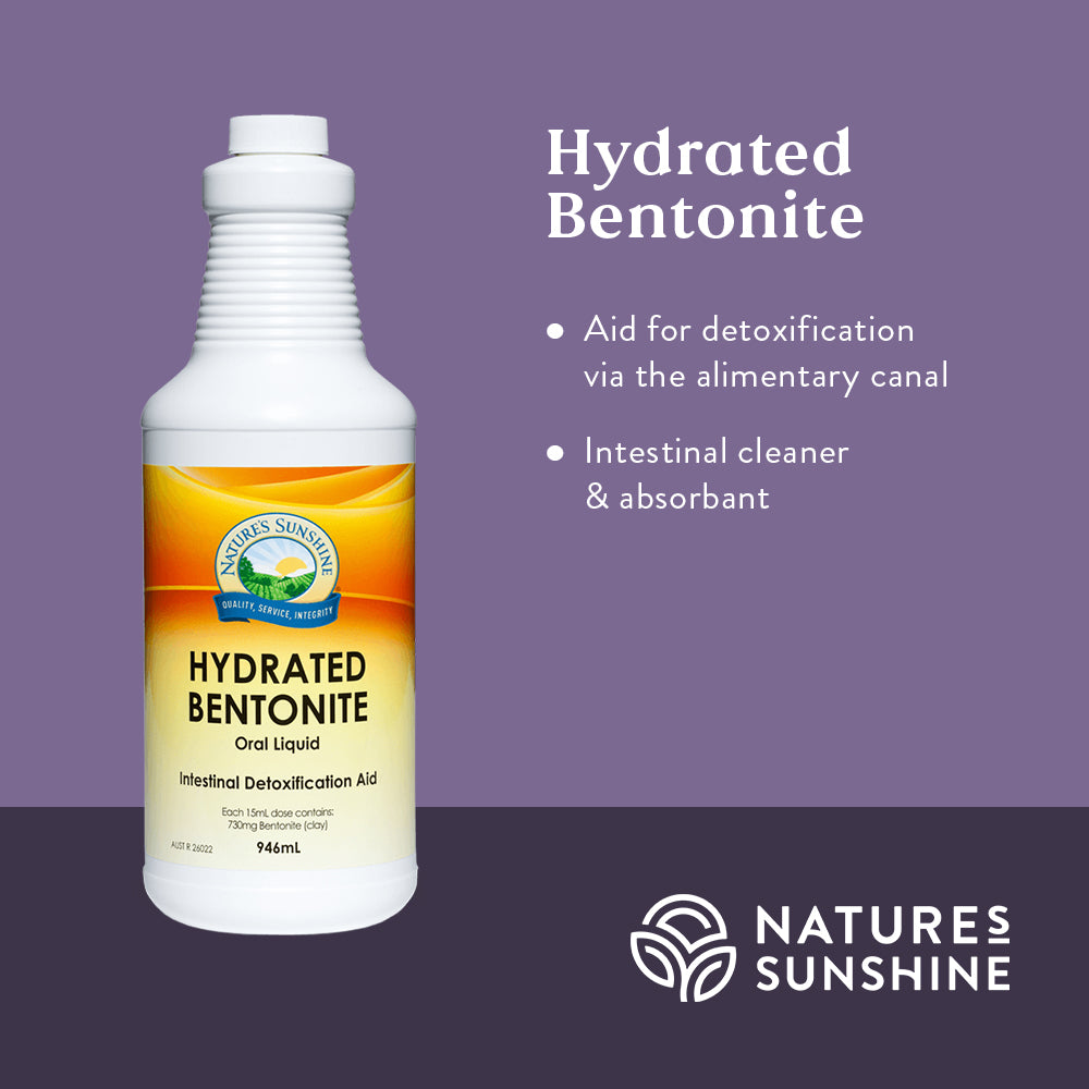 Graphic showing how Nature's Sunshine Hydrated Bentonite aids in detoxification via the alimentary canal and works as an intestinal cleaner.