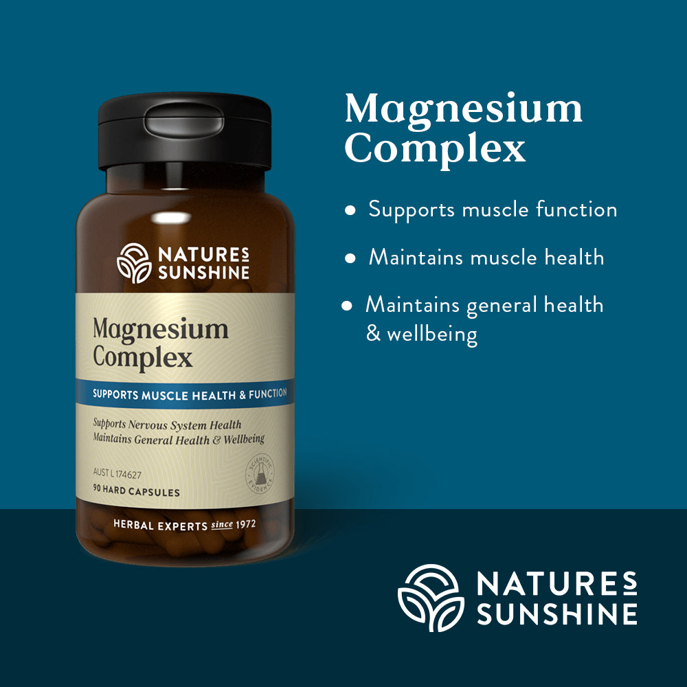 Graphic showing how Nature's Sunshine Magnesium Complex supports muscle function and maintains muscle health.
