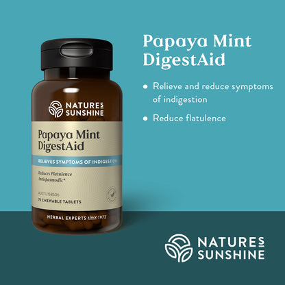 Graphic showing how Papaya Mint DigestAid helps relieve and reduce symptoms of indigestion and flatulence.