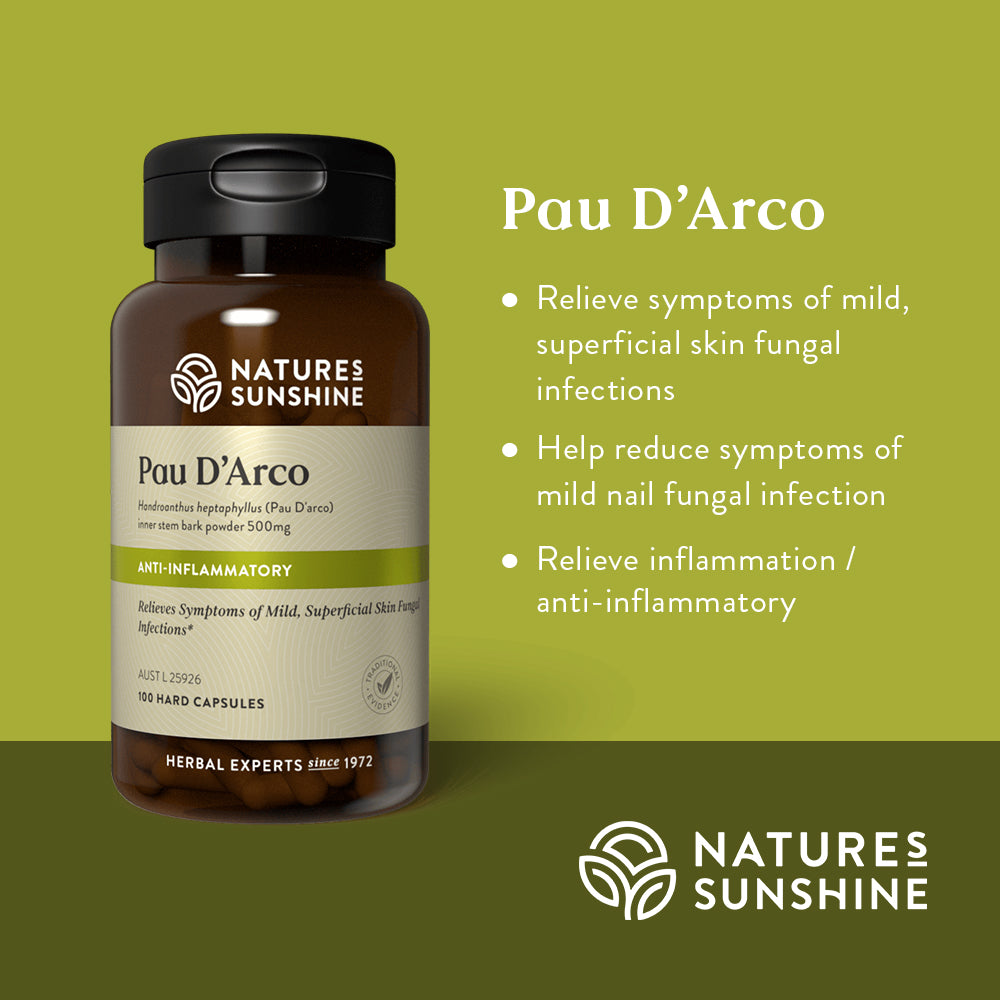 Graphic showing how Nature's Sunshine Pau D'Arco is traditionally used to relieve symptoms of mild superficial skin and nail fungal infections.