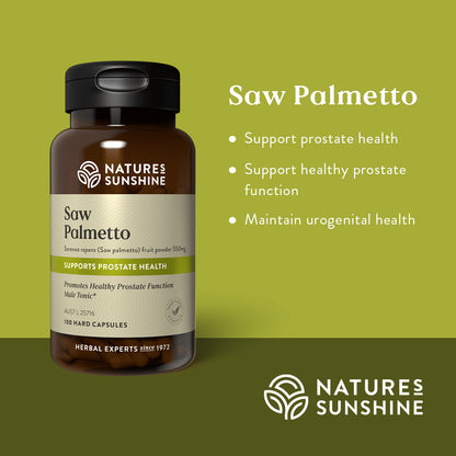 Graphic showing how Nature's Sunshine Saw Palmetto helps support prostate health, prostate function and maintains urogenital health.
