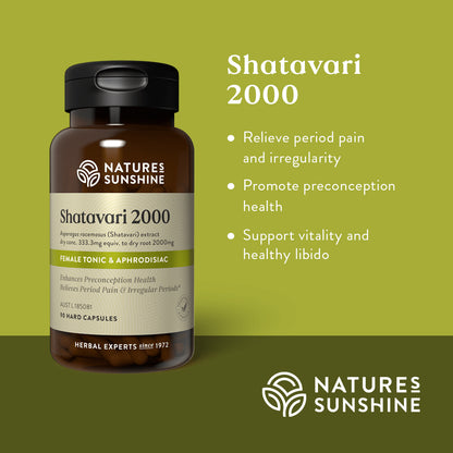 Graphic showing how Nature's Sunshine Shatavari can help relieve period pain and irregularity, promote preconception health, and support vitality and healthy libido.