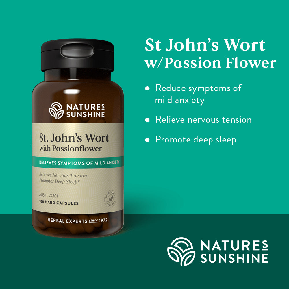 Graphic showing how Nature's Sunshine St John's Wort helps reduce symptoms of mild anxiety, relieves nervous tension and promotes deep sleep