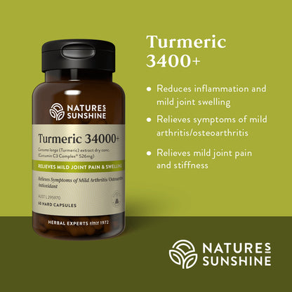 Graphic showing how Nature's Sunshine Turmeric reduces inflammation and mild joint swelling, relieves symptoms of mild arthritis/osteoarthritis and relieves mild joint pain and stiffness.