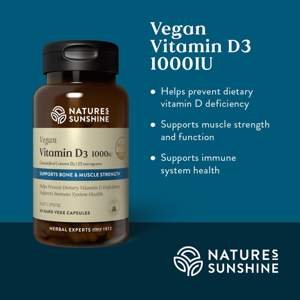 Graphic showing how Nature's Sunshine Vegan Vitamin D3 helps prevent dietary vitamin D deficiency, supports immune system health and muscle strength