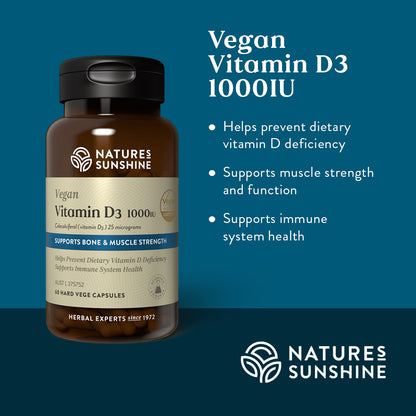 Graphic showing how Nature's Sunshine Vegan Vitamin D3 helps prevent dietary vitamin D deficiency, supports immune system health and muscle strength