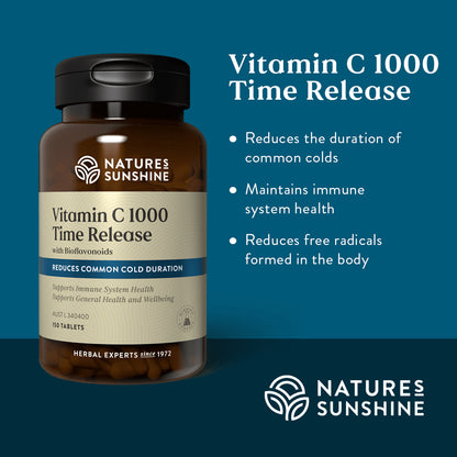 graphic showing that Nature's Sunshine Vitamin C reduces the duration of common colds, maintains immune system health and reduces free radicals formed in the body