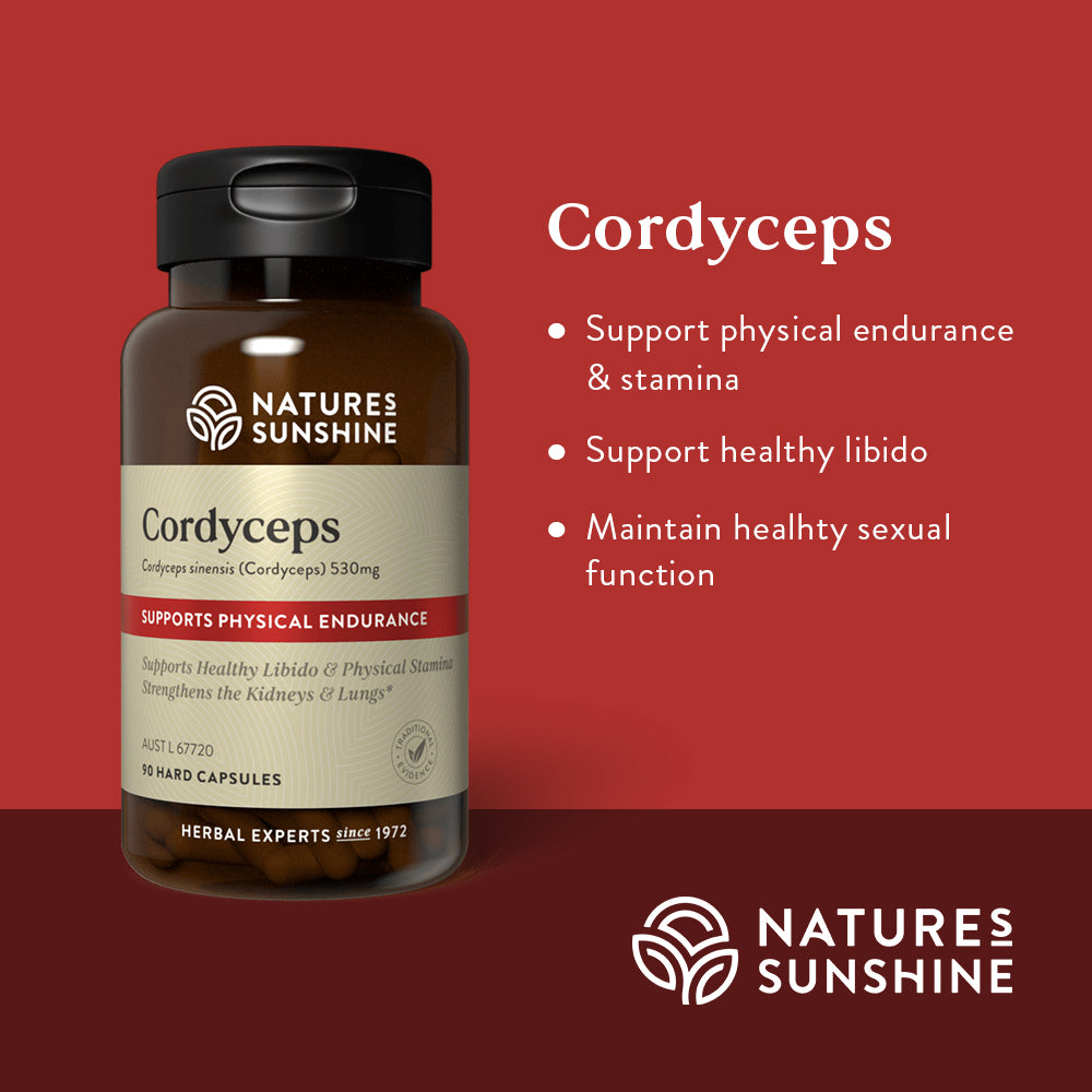 Graphic showing how Nature's Sunshine Cordyceps is traditionally used to support physical endurance, healthy libido and sexual function.